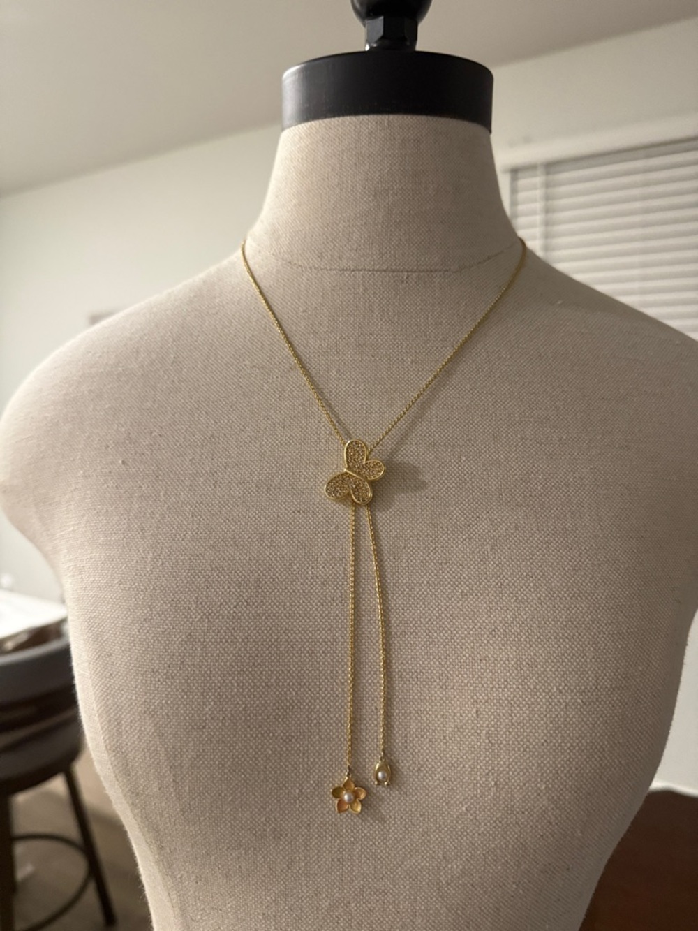 Coach Gold Butterfly Lariat Necklace with Dangling Charms, adjustable slider